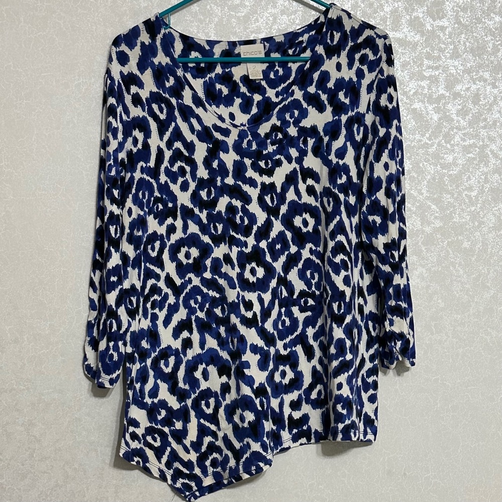 Chico's Tunic Top Blue White Leopard Print Asymmetrical Hem 3/4 Sleeve Sz‎ 2 L